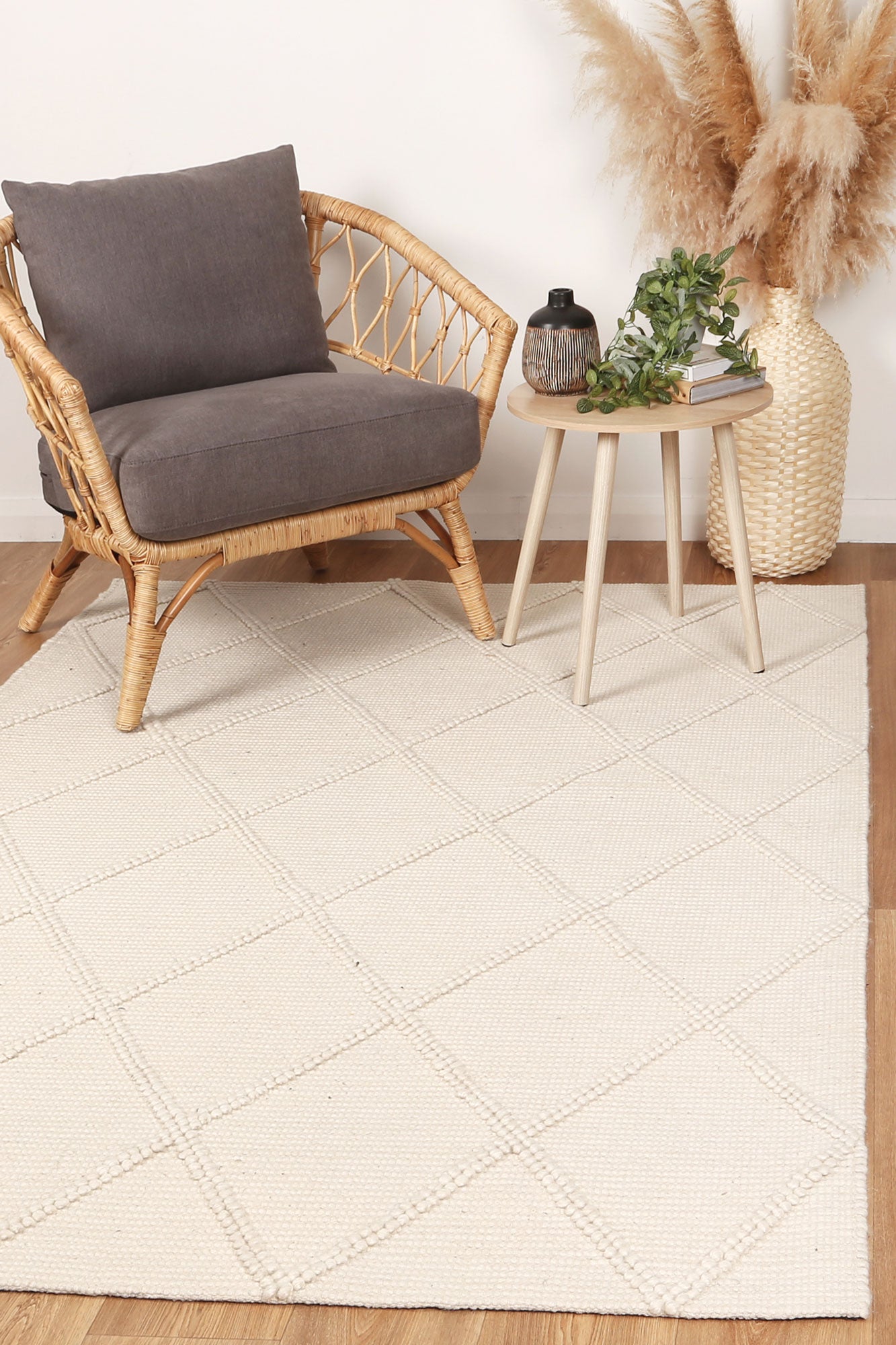 Goa Lattice Wool Blend Cream Rug (No Tassel)